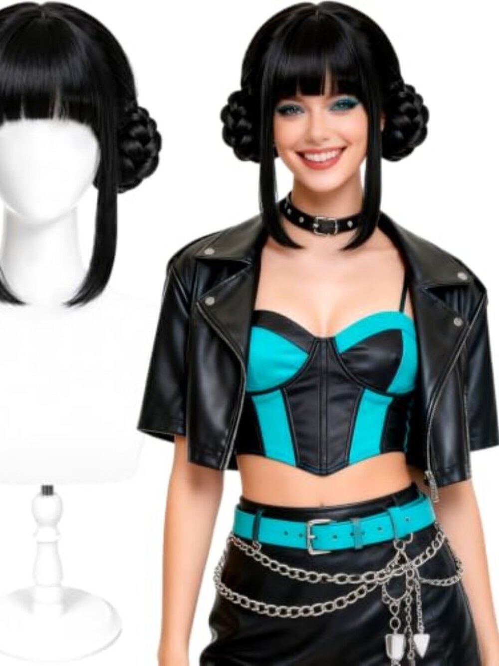 Black Anime Cosplay Wig for Adults with Bun and Bangs, Synthetic Wig